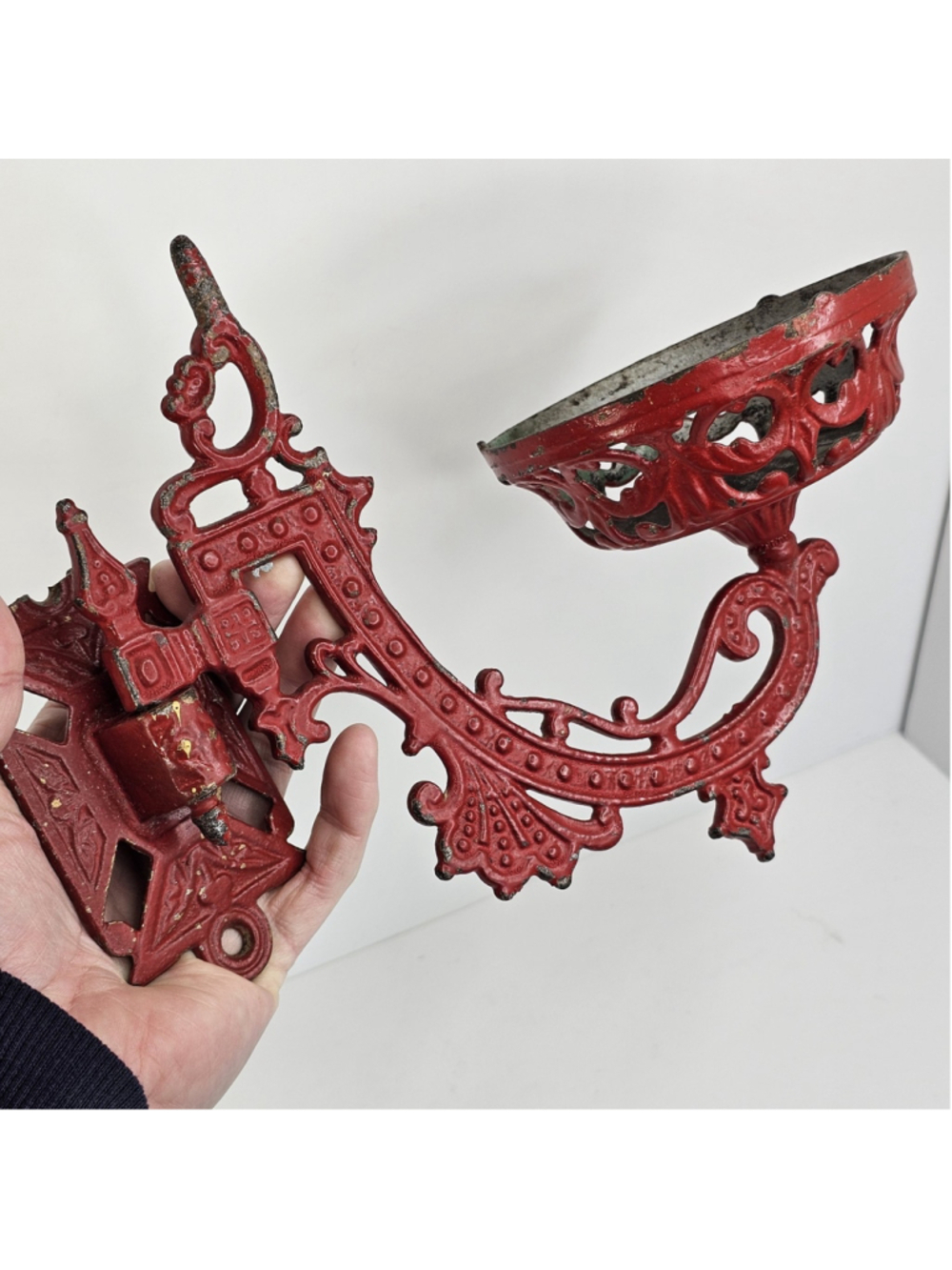 Cast Iron RED Oil Lantern Lamp Wall Mount Sconce W/ Swing Bracket - Antique